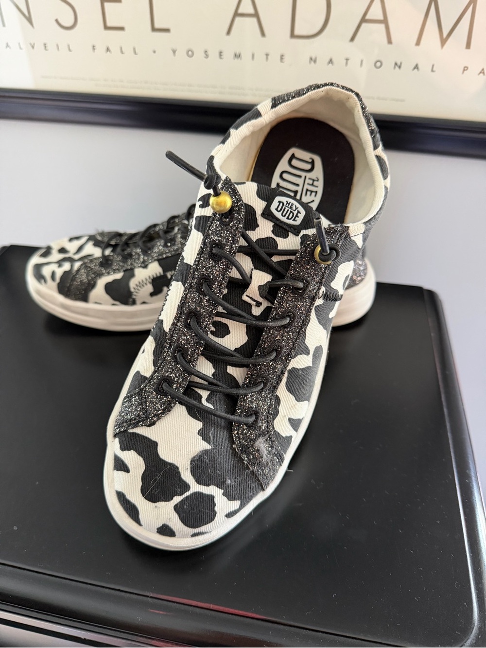 Hey Dude Women's Black & White Camo Wally Sneakers with Glitter Trim